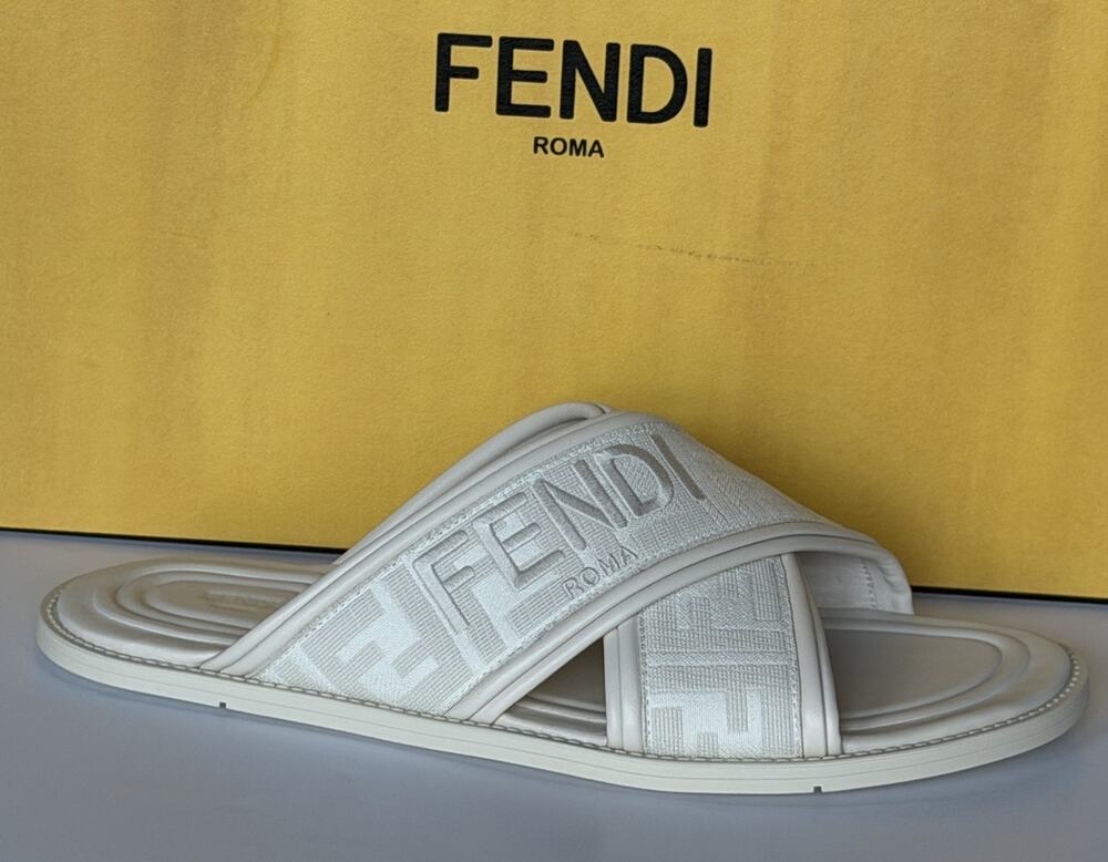 Fendi Men's FF Leather/Fabric Ivory Slide Sandals 12 US/11 UK IT 7X1548 NIB $730